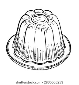 pudding on plate vector line art hand drawn illustration