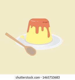 Pudding on plate vector.Delicious food on dish.Fresh dessert with spoon