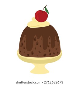 Pudding on stand with cherry, dessert display. Pedestal pudding illustration, sweet serving. Dessert stand with pudding, custard treat vector