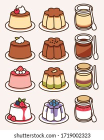 Pudding and panna cotta collection with different flavors and shapes: custard with caramel, chocolate and cream, green tea, mix berries. Traditional sweet dessert icon vector  illustration flat design