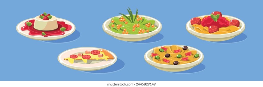 Pudding, Pizza and Pasta on Plate on Blue Background as Served Food Vector Set