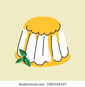 Pudding with sauce and mint leaves on light background, dessert, cute simple hand drawn illustration, drawing, flat style