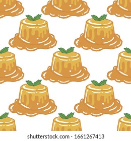 Pudding seamless pattern background.Repeating dessert hand drawing.Isolated vector illustration