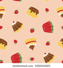 Pudding Strawberry dessert Vector Seamless Pattern illustration for Print, Wallpaper, Decoration.