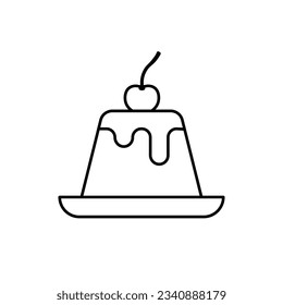 Pudding topped with cherry on plate line icon. Fresh dessert illustration of a piece of caramel pudding topped with cherry. Coloring book for children. 