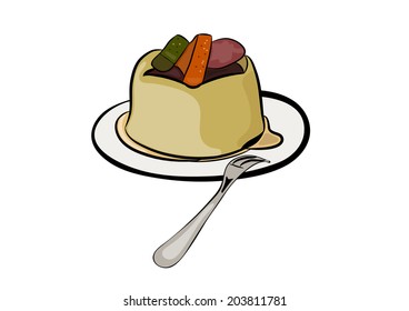 pudding with vanilla custard and fruit on top vector illustration
