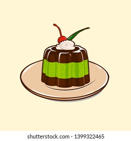 Pudding vector with fresh cream and a cherry on a beautiful plate. Vector illustration in cartoon style. Layered pudding vector.