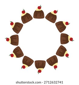 Corona de pudín, ilustración de anillo de cereza. Corona de postre con piezas de pudín, marco redondo. Círculo de budín dulce