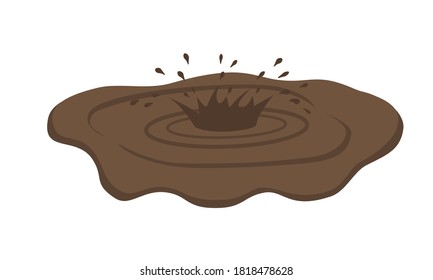 Puddle of mud with splash. Dirty brown stain on white background. Vector illustration in flat cartoon style
