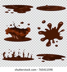 Puddle Mud Vector Cartoon Set Isolated On Transparent Background. Chocolate Splash Icon Collection.