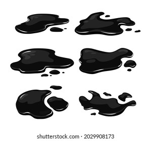 Puddle of oil slick spill isolated on the white background. Set of black stain. Vector illustration.