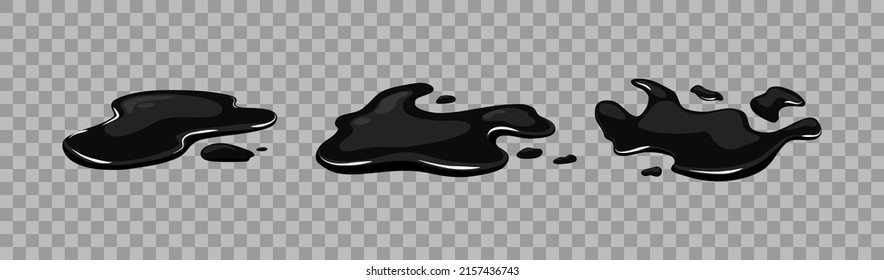 Puddle of oil slick spill isolated on the transparent background. Set of black stain. Vector illustration