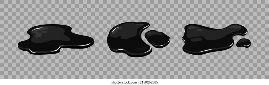 Puddle Of Oil Slick Spill Isolated On The Transparent Background. Set Of Black Stain. Vector Illustration