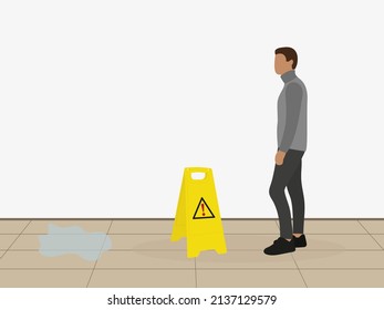 Puddle on the floor, outdoor warning sign and indoor male character