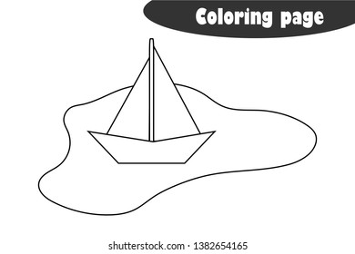 Puddle with a paper boat in cartoon style, coloring page, spring education paper game for the development of children, kids preschool activity, printable worksheet, vector illustration