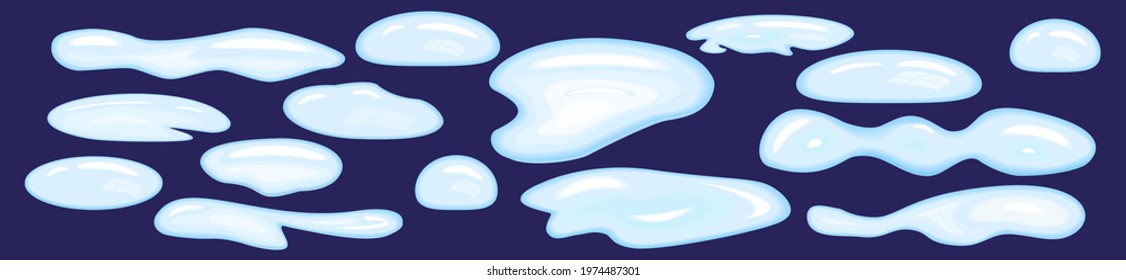 Puddle, rain or water spilled on the floor or ground. Pure clear water on a blue background. Wet surface, liquid collection with reflection. Autumn collection of big drops. Vector illustration.