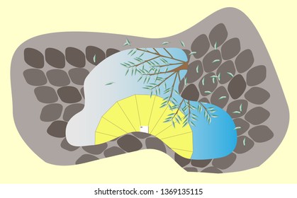 Puddle reflection with umbrella and tree