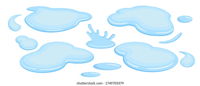 Puddle. Set of liquid after rain, spray, cartoon style, vector illustration on a white background.