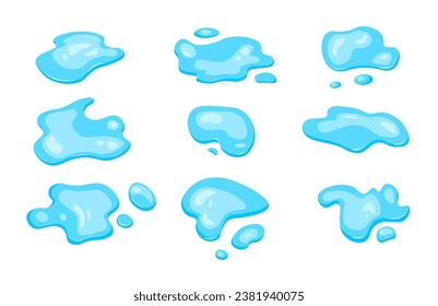 A puddle of spilled water. Shape of spilled liquid. splash and splash of clear, clean water. Design in cartoon style. Vector isolated illustration.