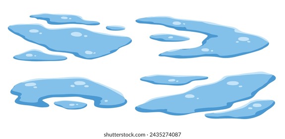 Puddle of water. Flat cartoon set isolated on white background. Leak and blue drop. Wet blue splatter. Cartoon raindrop, icon of pond or lake