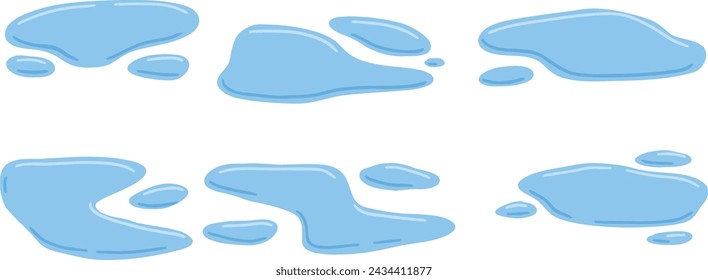 Puddle of water. Leak and blue drop. Wet blue splatter. Cartoon raindrop, icon of pond or lake. Flat cartoon set isolated on white background