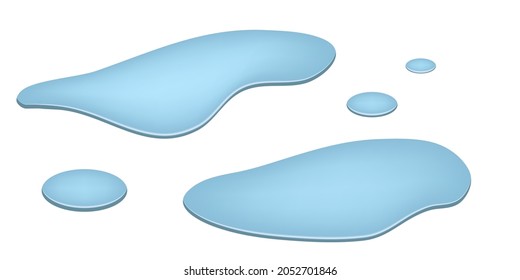 Puddle of water, spill drop lliquid splash. Blue water drops, flowing amorphous blobs. Flat cartoon design, isolated geometric shapes on white background. Vector illustration