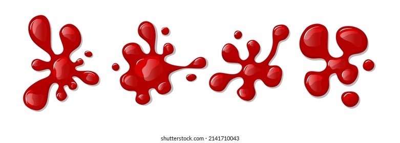 Puddles blood set on a white isolated background. Red liquid spill. View from above. Vector cartoon illustration.