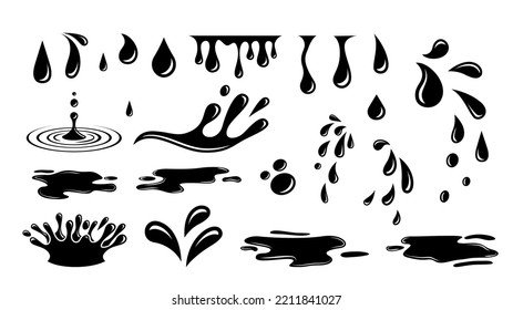 Puddles drops splashing water. Dripping liquid elements, isolated black ink flow. Tears flowing vector silhouettes, oil or rain drips