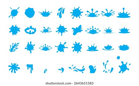 As poças soltam água. Deposição de elementos líquidos. Gotas de água, gota de suor ou choro. Elementos de chuva azul isolados, gota e poça. Ilustração Victor eps 10