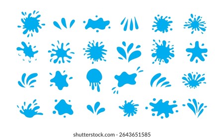 Puddles drops splashing water. Dripping liquid elements. Flat water drops, drop of sweating or crying. Isolated blue rain elements, droplet and puddle. Victor illustration eps 10
