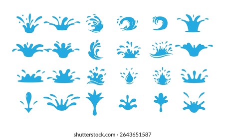 Puddles drops splashing water. Dripping liquid elements. Flat water drops, drop of sweating or crying. Isolated blue rain elements, droplet and puddle. Victor illustration eps 10