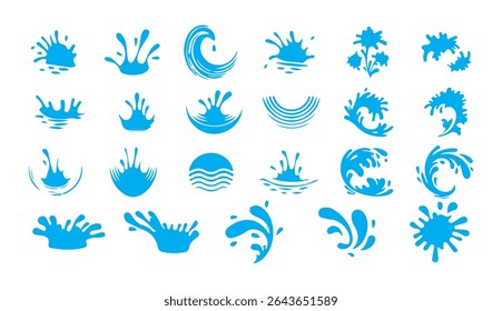 Puddles drops splashing water. Dripping liquid elements. Flat water drops, drop of sweating or crying. Isolated blue rain elements, droplet and puddle. Victor illustration eps 10