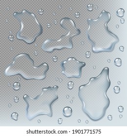 Puddles realistic. Top view liquid drops and puddle splashes wet environment illustrations set
