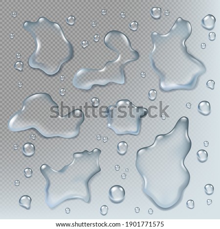 Puddles realistic. Top view liquid drops and puddle splashes wet environment illustrations set 商業照片 © 