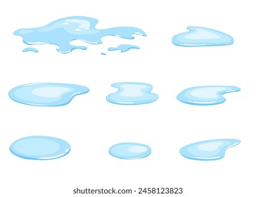 Puddles of water in cartoon style. Elements for designers. Water in flat style. Various shapes