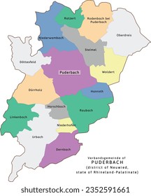 Puderbach verbandsgemeinde map of Neuwied district Rhineland-Palatinate (Rheinland-Pfalz) state in Germany. Vectored. Retro colors