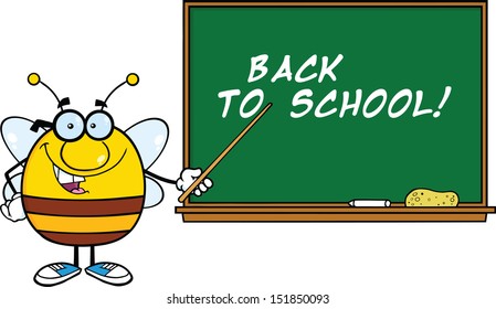 Pudgy Bee Cartoon Character With Glasses With A Pointer In Front Of Blackboard