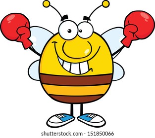 Pudgy Bee Cartoon Mascot Character Wearing Boxing Gloves