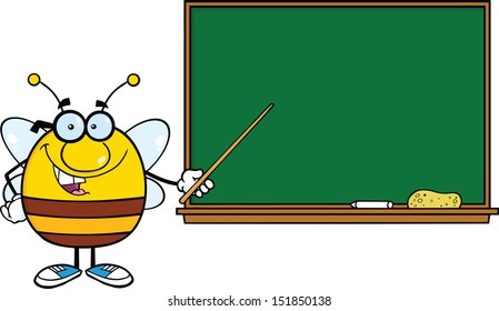 Pudgy Bee Cartoon Mascot Character With Glasses With A Pointer In Front Of Blackboard