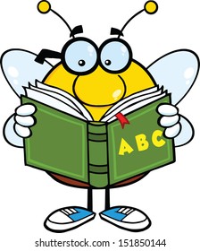 Pudgy Bee Cartoon Mascot Character With Glasses Reading A ABC Book