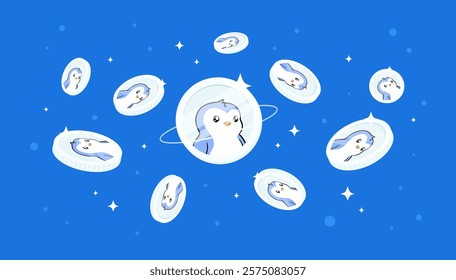 Pudgy Penguins (PENGU) coins falling from the sky. PENGU cryptocurrency concept banner background.