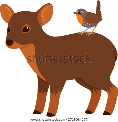 Pudu deer and Chucao bird, wildlife symbols of Chile. Simple flat cartoon drawing. Cute vector illustration.
