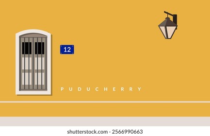Puducherry - Bright yellow coloured building on roads in White Town - Stock Illustration as EPS 10 File