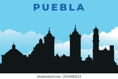 Puebla. Black silhouette of the city skyline. Vector on the background of blue sky with white clouds