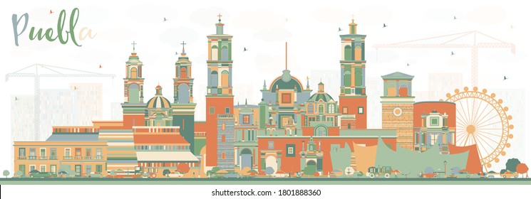 Puebla Mexico City Skyline with Color Buildings. Vector Illustration. Tourism Concept with Historic and Modern Architecture. Puebla Cityscape with Landmarks.