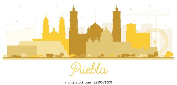 Puebla Mexico City Skyline Silhouette with Golden Buildings Isolated on White. Vector Illustration. Tourism Concept with Historic and Modern Architecture. Puebla Cityscape with Landmarks.