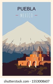 Puebla retro poster. Puebla travel illustration. States of Mexico greeting card. 