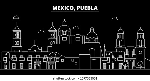 Puebla silhouette skyline. Mexico - Puebla vector city, mexican linear architecture, buildings. Puebla travel illustration, outline landmarks. Mexico flat icon, mexican line banner