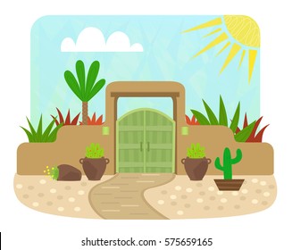 Pueblo Style Gate - Cartoon pueblo style gate with green door and plants. Eps10