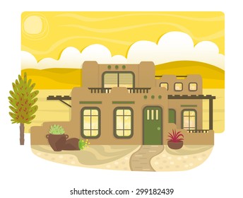 Pueblo Style House - Pueblo style home exterior with two stories, balcony and front yard with desert scenery in the background. Eps10